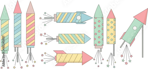 Colorful Geometric Rocket Ships Illustration with Pastel Patterns.