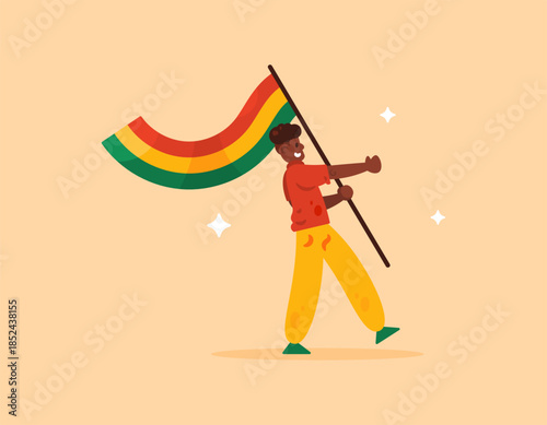 Illustration of an African American man with red, yellow, and green flag symbols. Black people celebrating and commemorating Black History Month. Happy Black History Month. Flat style. Orange 