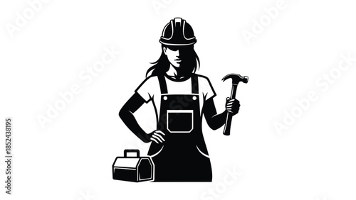 Female construction worker holding a hammer and toolbox icon