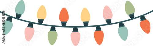 A delightful garland of pastel colored Christmas string lights arranged horizontally on a pure white background