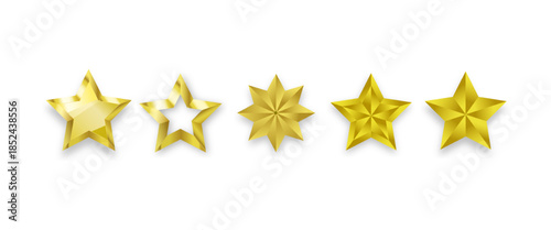 Set of glossy golden 3d stars of different shapes with shadow in realistic style. Feedback and leadership symbol icon. Yellow metallic trophy star for game, rating, ui, website. Vector illustration