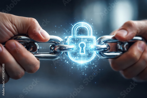 Secure metal chain with glowing padlock hologram representing supply chain resilience and automation protecting data and goods in modern logistics and technology