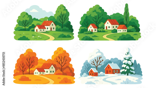Charming houses nestled in picturesque landscapes throughout the four seasons