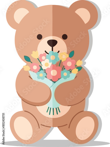 Adorable Teddy Bear Holding Colorful Flower Bouquet with Soft Pastel Tones.