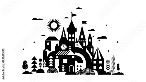 Whimsical silhouette of a fairytale castle under a bright sun, surrounded by stylized trees and clouds.