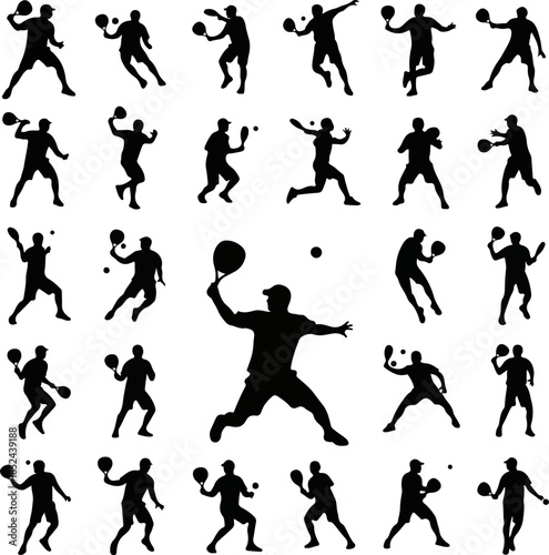 This energetic, monochromatic vector illustration showcases numerous black silhouettes of paddle tennis players actively serving and hitting the ball against a clean white background.