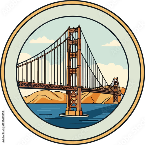 This iconic golden gate bridge suspension structure is cleanly illustrated in a warm, earthy-toned retro vector style, framed within a circular badge against the famous san francisco bay backdrop.