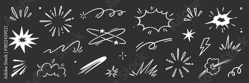 Cartoon speed effect comic line element set. Hand drawn doodle sketch boom burst, bomb smoke, explosion cloud cartoon elements. Comic speed effect, power flash, explosive shapes. Vector illustration