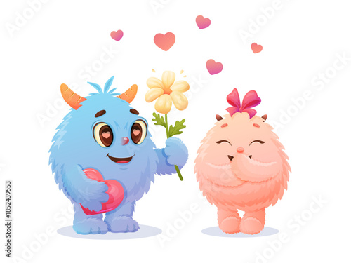 blue monster offering flower to pink blushing companion, hearts floating, pastel background, playful cartoon