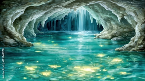 Enchanted Cave with Glowing Water and Magical Light Effects