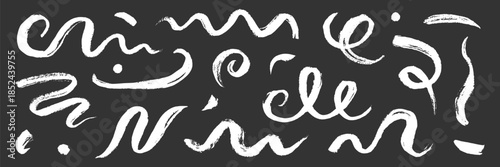Hand painted brush stroke curves, chinese swirls, line calligraphy element set. Hand drawn chinese brush paint stroke swish, swoosh wave grunge textured doodles on chalkboard. Vector