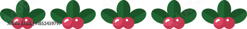 A row of decorative green holly leaves with vibrant red berries for festive holiday season designs