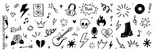 Rock n roll punk music doodle icon set. Graffiti, tattoo hand drawn doodle sticker, text, skull, heart, skate, gesture hand. Marker scribble sketch music icons. Grunge rock vector illustration