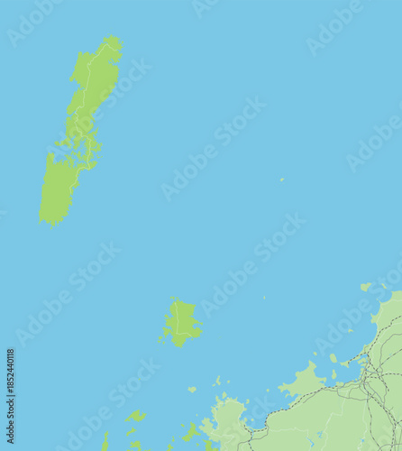 日本の長崎県の対馬と隣接する都道府県を含む、緑色のシンプルなロードマップ