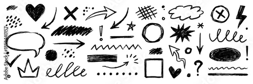 Arrow brush stroke chalk texture elements. Hand drawn crayon pastel stroke arrows, chalk circles, dot color set. Highlight, circle frame brush chalk scribble shapes set. Vector illustration