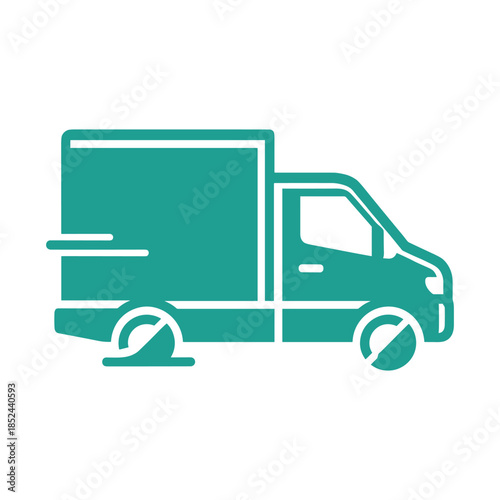 Green delivery truck speeding with motion blur effect.