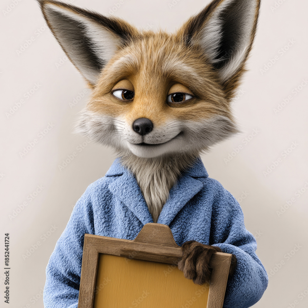 Fototapeta premium Fox in blue blazer holding clipboard, smiling, anthropomorphic animal character, cheerful expression, light background, presentation concept
