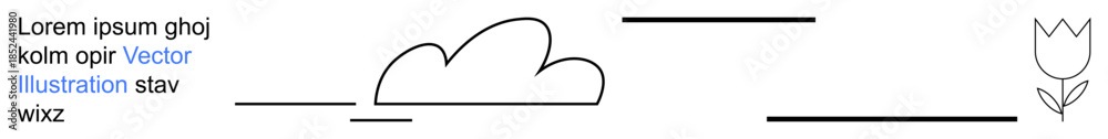 Obraz premium Minimalist designs, modern decor, nature concepts, creative layouts, line art, abstract patterns. Artwork features a cloud, tulip and abstract text lines. s nature concepts and minimalist designs