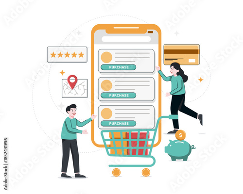 men and women in green clothes shopping online