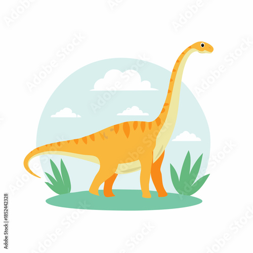 Cartoon illustration of an orange brachiosaurus dinosaur against a white background