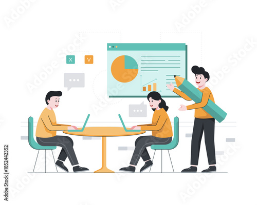 Two men and one woman are having a team meeting with the agenda of presenting graphic data.