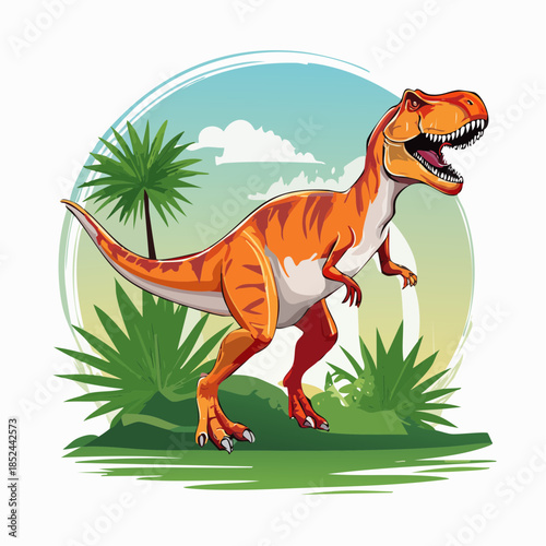 Orange tyrannosaurus rex illustration in nature scene with palm trees