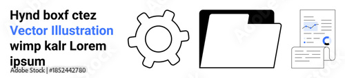 Workflow, process management, data analysis, file organization, project planning, digital tools. Gear, file folder and documents with charts and text. Workflow and data analysis concept