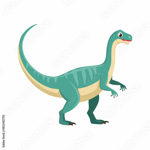 Cartoon dinosaur illustration on a grassy hill with trees and sky background