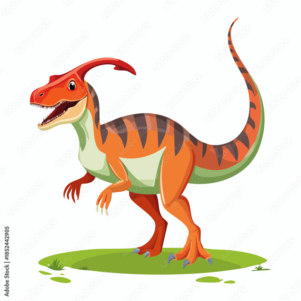Fototapeta premium Cartoon parasaurolophus dinosaur illustration on green grass against white background