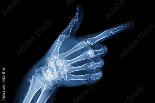 Xray image of a human hand showing bones and joints on black background, medical radiography concept for anatomy, healthcare, diagnostics, orthopedics and injury examination