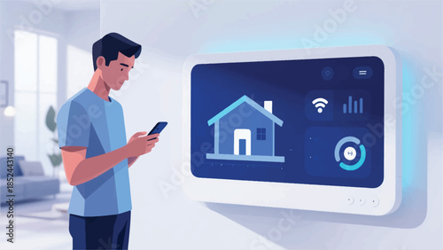 Creative Smart Home Device Illustration With A Person Using A Smartphone To Control Their Home Vector Design Template