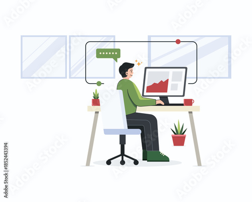 The man in green is monitoring the chart on his computer screen. The man is also thinking.