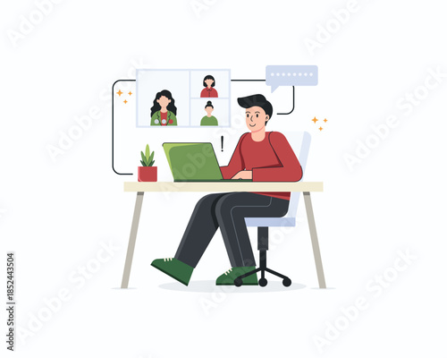 The man in the green shirt is making an online call with his co-worker.