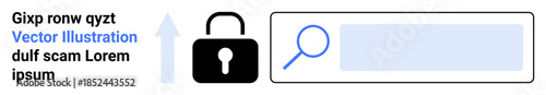 Cybersecurity, online scams, data protection, identity verification, phishing prevention, secure browsing. Lock icon and search bar graphics. Cybersecurity and online scams prevention concept