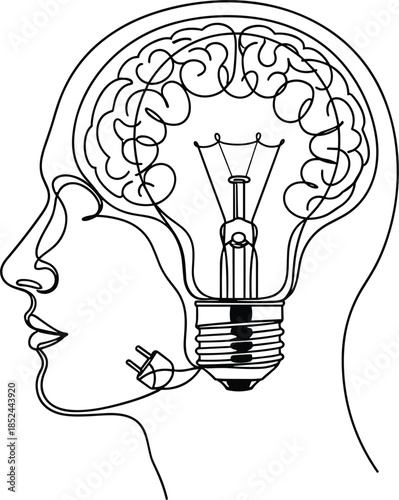 Human head silhouette with light bulb brain illustration, creative thinking concept, innovation idea symbol, intelligence mind visualization, psychology science art, minimalist line drawing