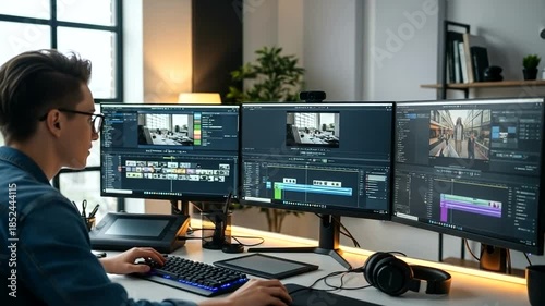 Young professional editing video in modern workspace