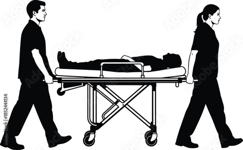 Paramedics transporting patient on hospital stretcher, emergency medical response team silhouette, ambulance care, healthcare workers, first aid rescue, trauma service illustration vector icon design