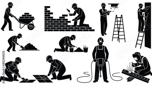 Construction worker icons showing different manual labor tasks