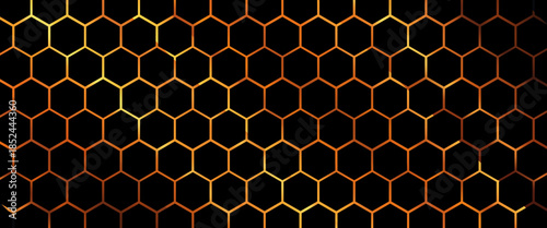 Dark technology hexagonal vector background. Abstract blue bright energy flashes under hexagon in dark technology modern futuristic background vector illustration. Gray honeycomb texture grid.