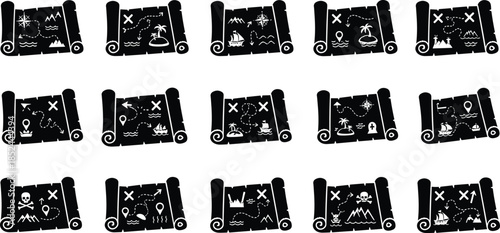 Pirate treasure map icons set, vintage scroll illustrations, fantasy adventure navigation symbols, old parchment charts, hand drawn pirate maps, game assets, vector style, isolated on white