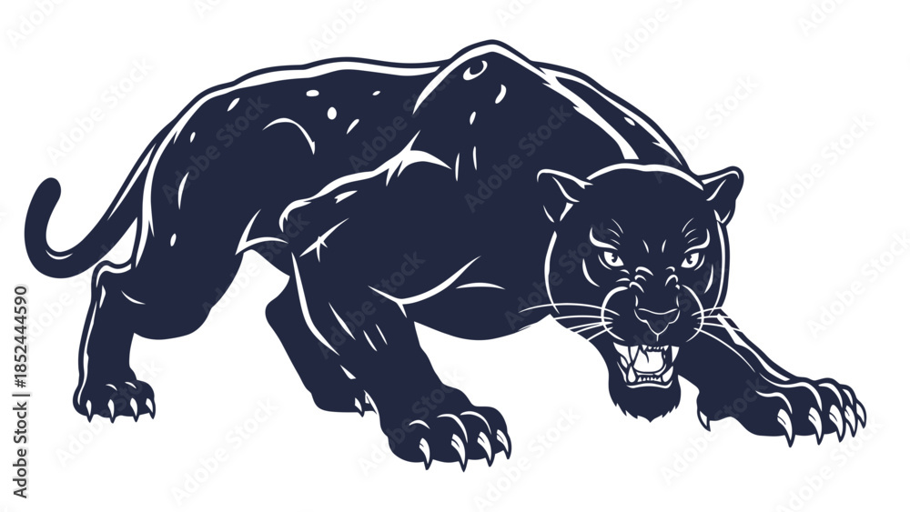 Obraz premium Fierce black panther crouched low, ready to pounce with bared teeth and intense gaze.