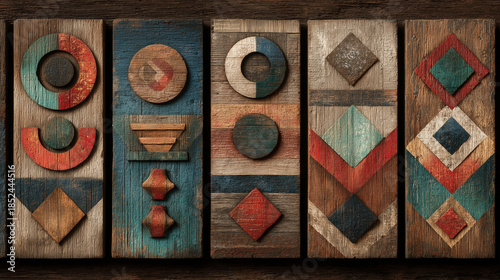 Rustic wooden panels featuring Native American art  Pueblo inspired patterns