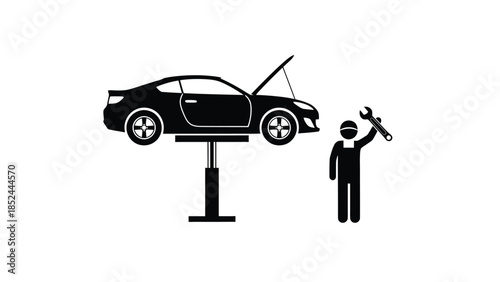 Car service icon with a mechanic raising a wrench and a car on a lift