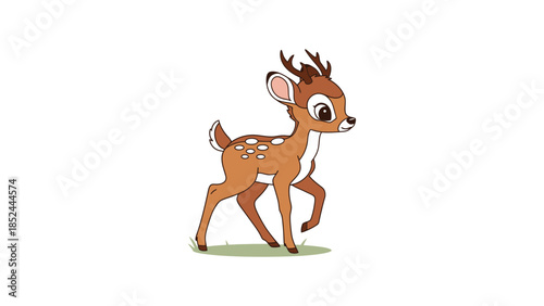 Adorable young deer with spots and small antlers walking gracefully on green grass