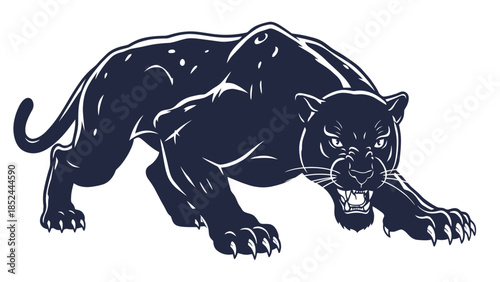 Fierce black panther crouched low, ready to pounce with bared teeth and intense gaze.