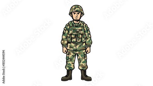 Determined soldier in camouflage uniform standing ready for duty