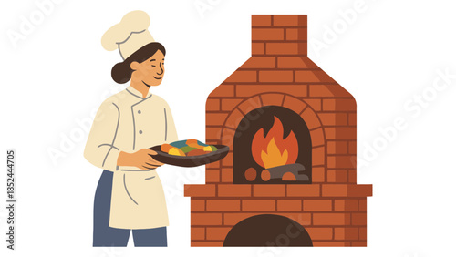 Skilled chef presents freshly prepared food near a glowing brick oven, ready for cooking.