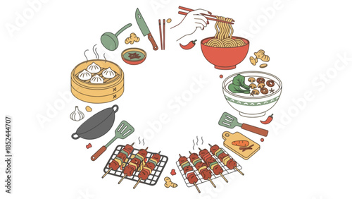 Vibrant circle of delicious Asian food and cooking elements, representing culinary diversity and preparation.