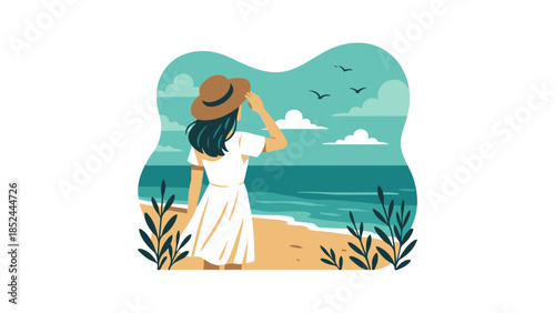 Woman in a white dress and hat gazes at the ocean horizon from a sandy beach.