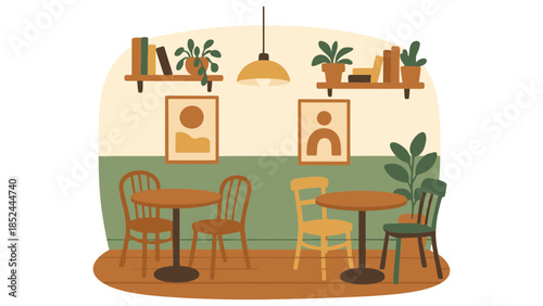 Cozy cafe interior with tables, chairs, and warm decor, inviting a relaxed atmosphere.